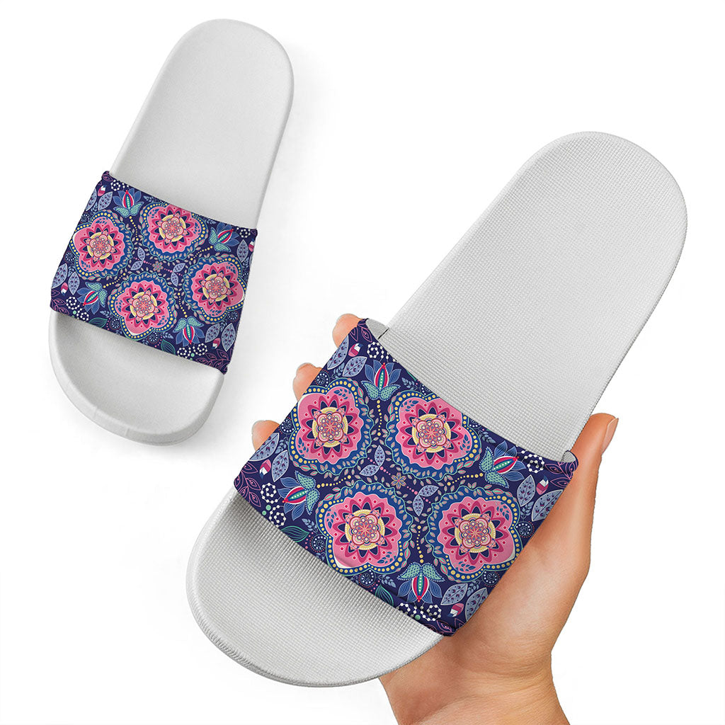 Ornamental Paisley Mandala Print White Slide Sandals