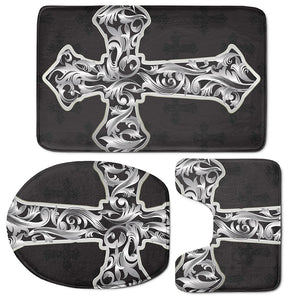 Ornamental Silver Cross Print 3 Piece Bath Mat Set