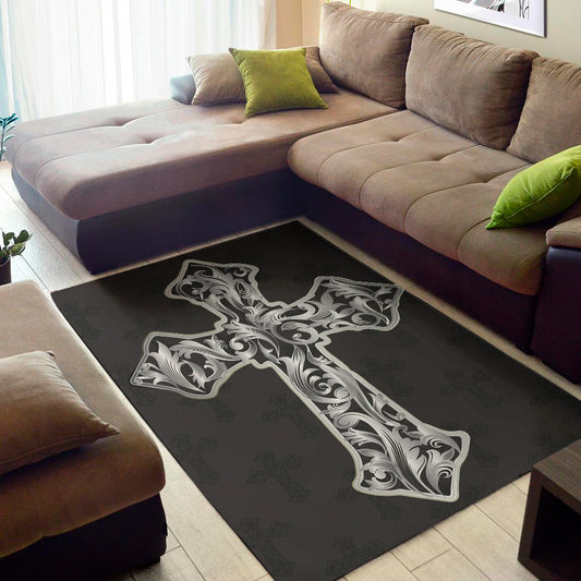 Ornamental Silver Cross Print Area Rug