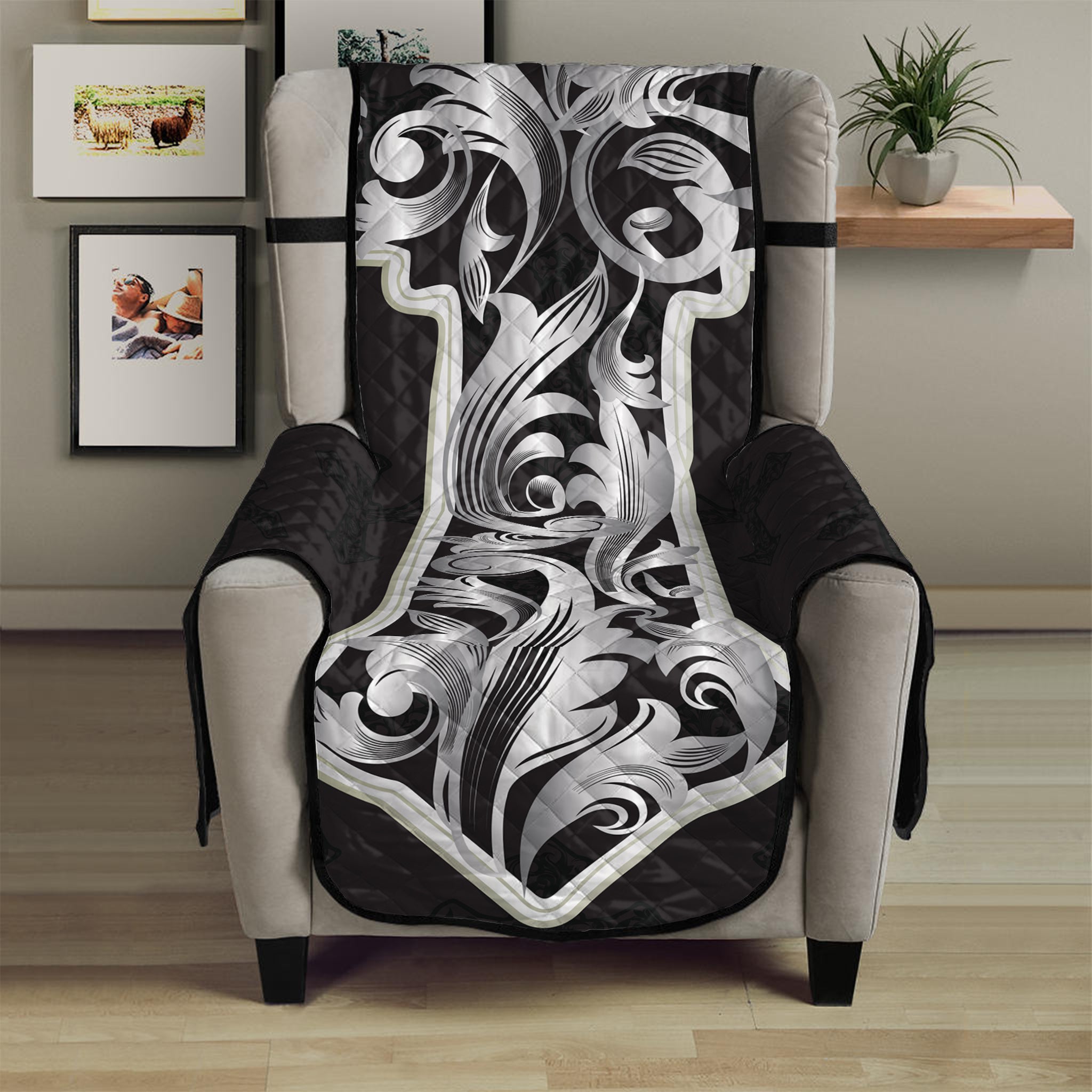 Ornamental Silver Cross Print Armchair Protector