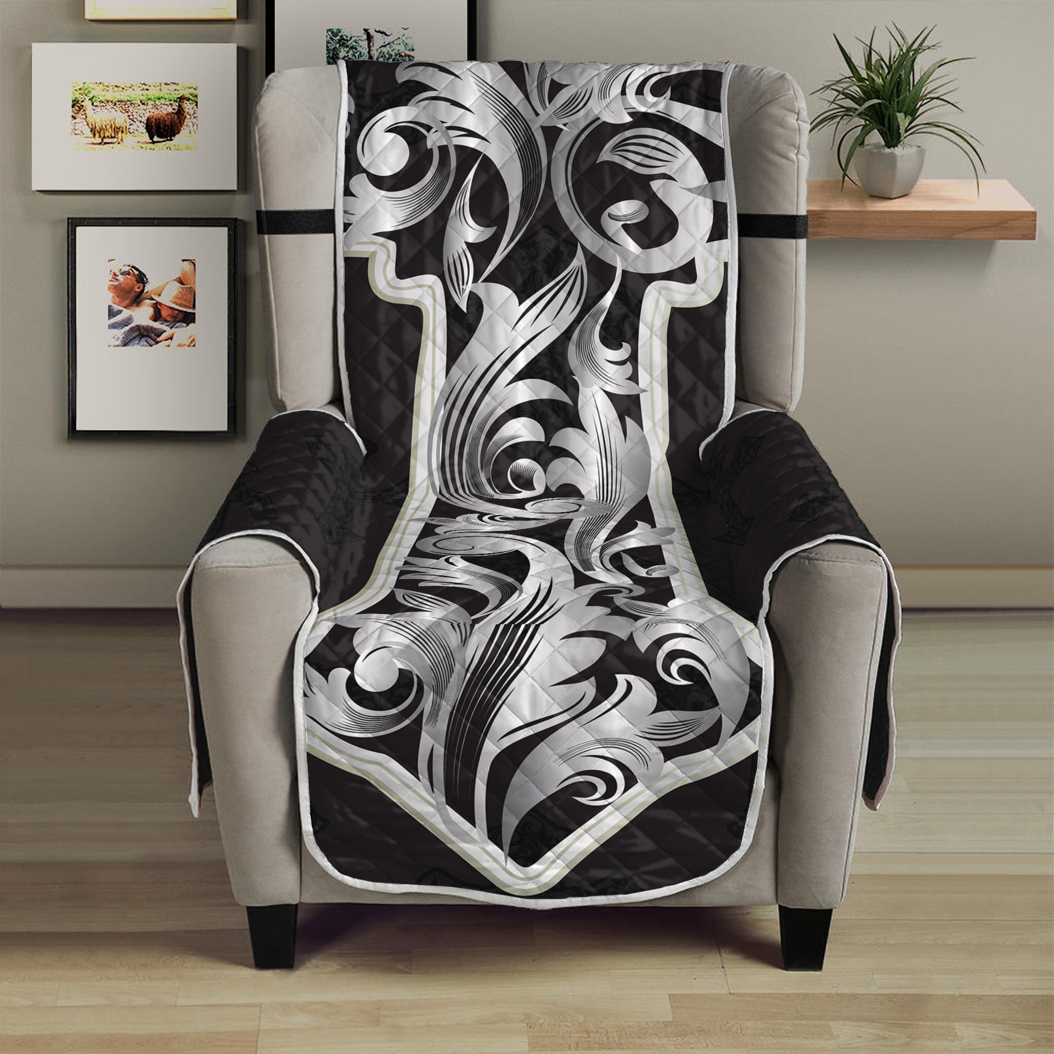 Ornamental Silver Cross Print Armchair Protector