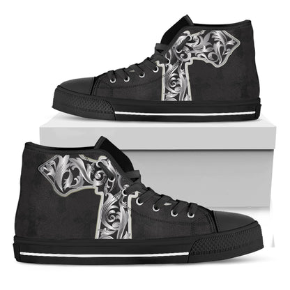 Ornamental Silver Cross Print Black High Top Shoes