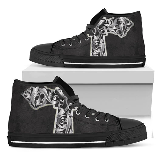 Ornamental Silver Cross Print Black High Top Shoes