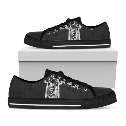 Ornamental Silver Cross Print Black Low Top Shoes 