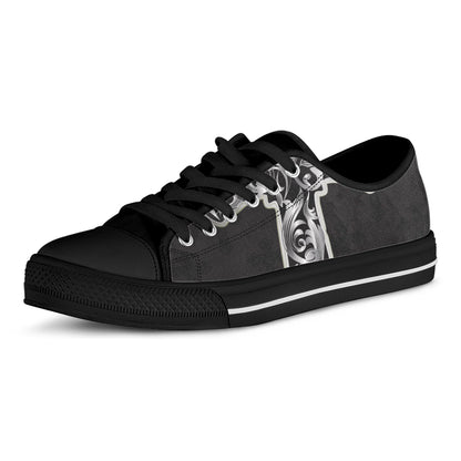 Ornamental Silver Cross Print Black Low Top Shoes 