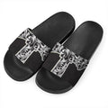 Ornamental Silver Cross Print Black Slide Sandals