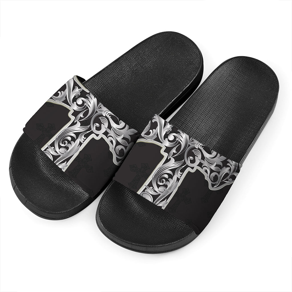 Ornamental Silver Cross Print Black Slide Sandals