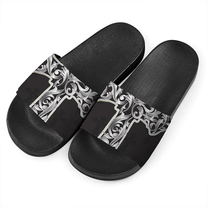 Ornamental Silver Cross Print Black Slide Sandals