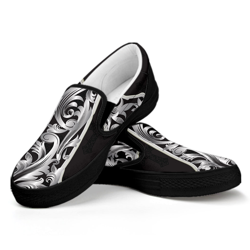 Ornamental Silver Cross Print Black Slip On Shoes