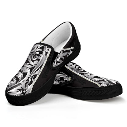Ornamental Silver Cross Print Black Slip On Shoes