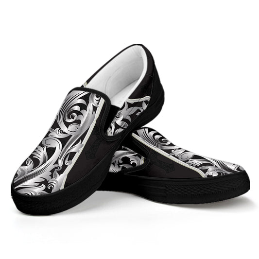 Ornamental Silver Cross Print Black Slip On Shoes