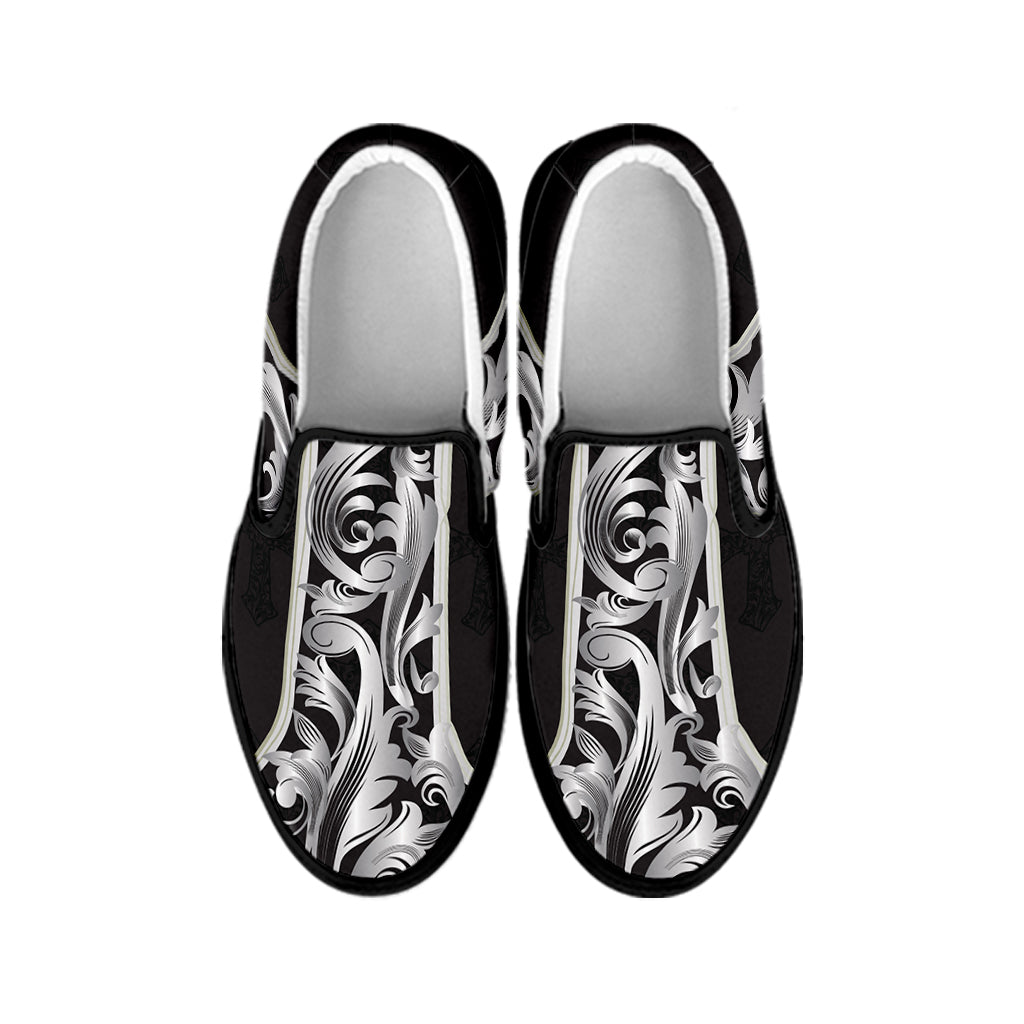 Ornamental Silver Cross Print Black Slip On Shoes