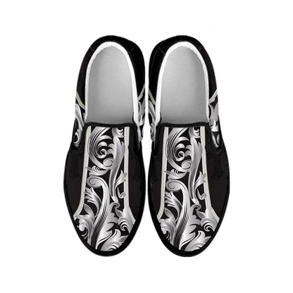 Ornamental Silver Cross Print Black Slip On Shoes