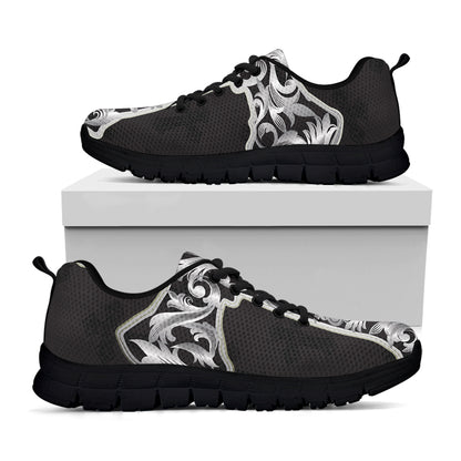 Ornamental Silver Cross Print Black Sneakers