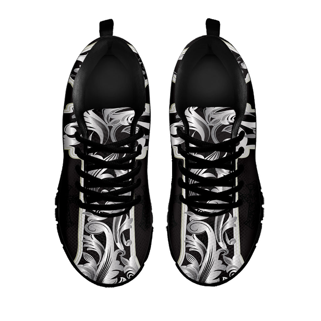 Ornamental Silver Cross Print Black Sneakers