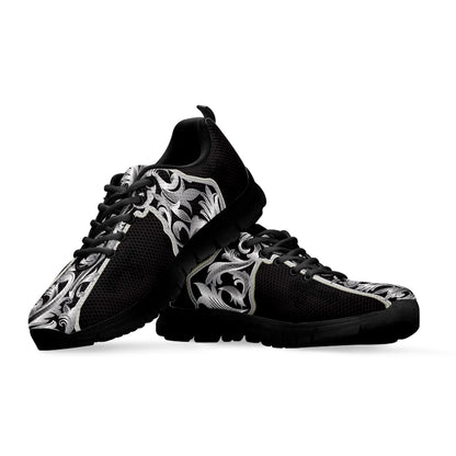 Ornamental Silver Cross Print Black Sneakers