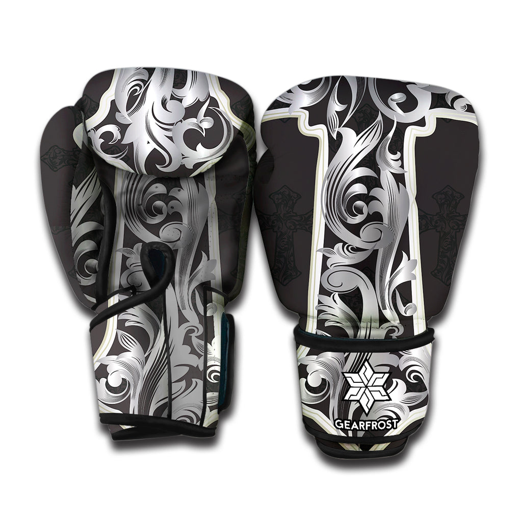 Ornamental Silver Cross Print Boxing Gloves