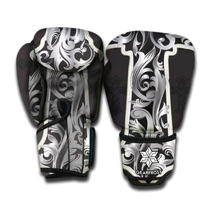 Ornamental Silver Cross Print Boxing Gloves