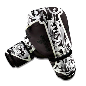 Ornamental Silver Cross Print Boxing Gloves