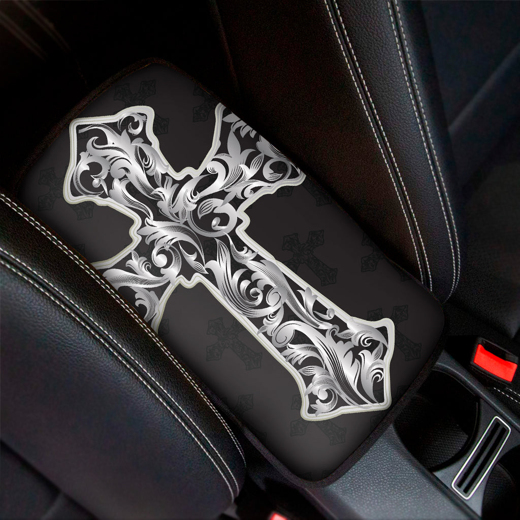 Ornamental Silver Cross Print Car Center Console Cover