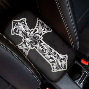 Ornamental Silver Cross Print Car Center Console Cover