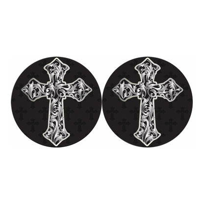 Ornamental Silver Cross Print Car Coasters