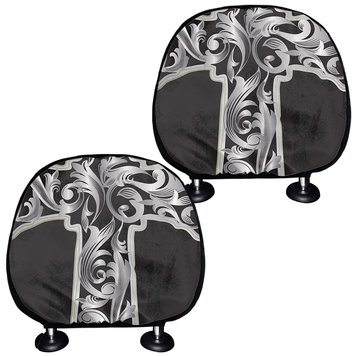 Ornamental Silver Cross Print Car Headrest Covers