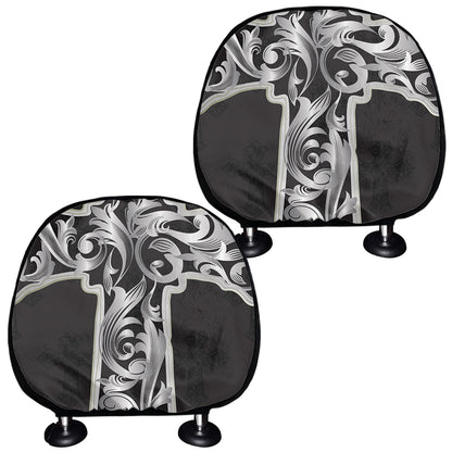 Ornamental Silver Cross Print Car Headrest Covers