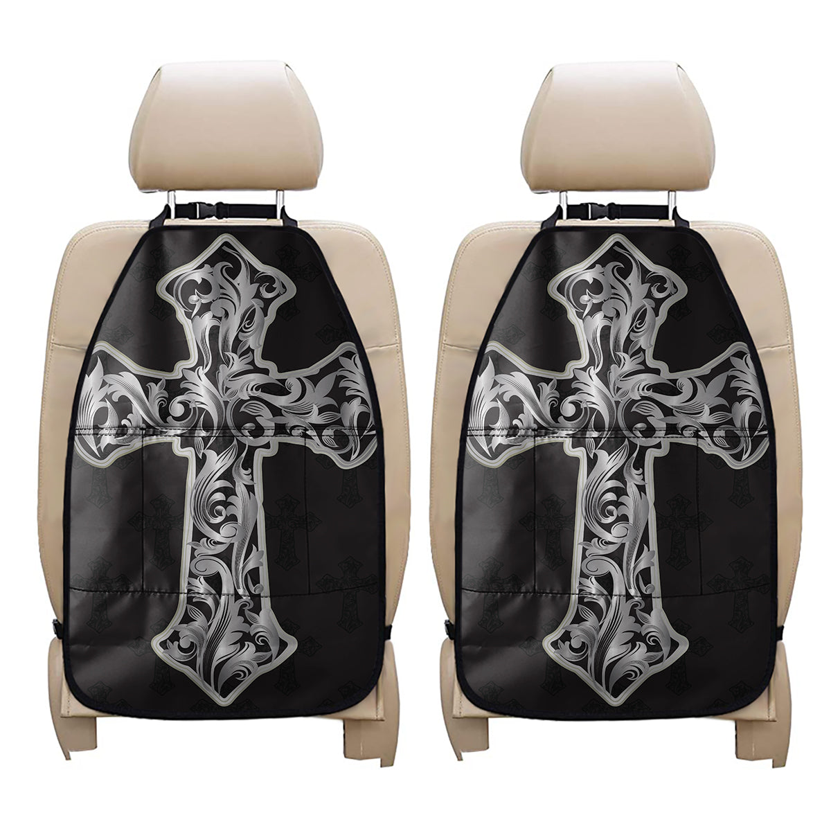 Ornamental Silver Cross Print Car Seat Organizers