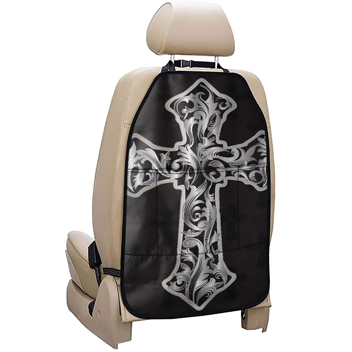 Ornamental Silver Cross Print Car Seat Organizers