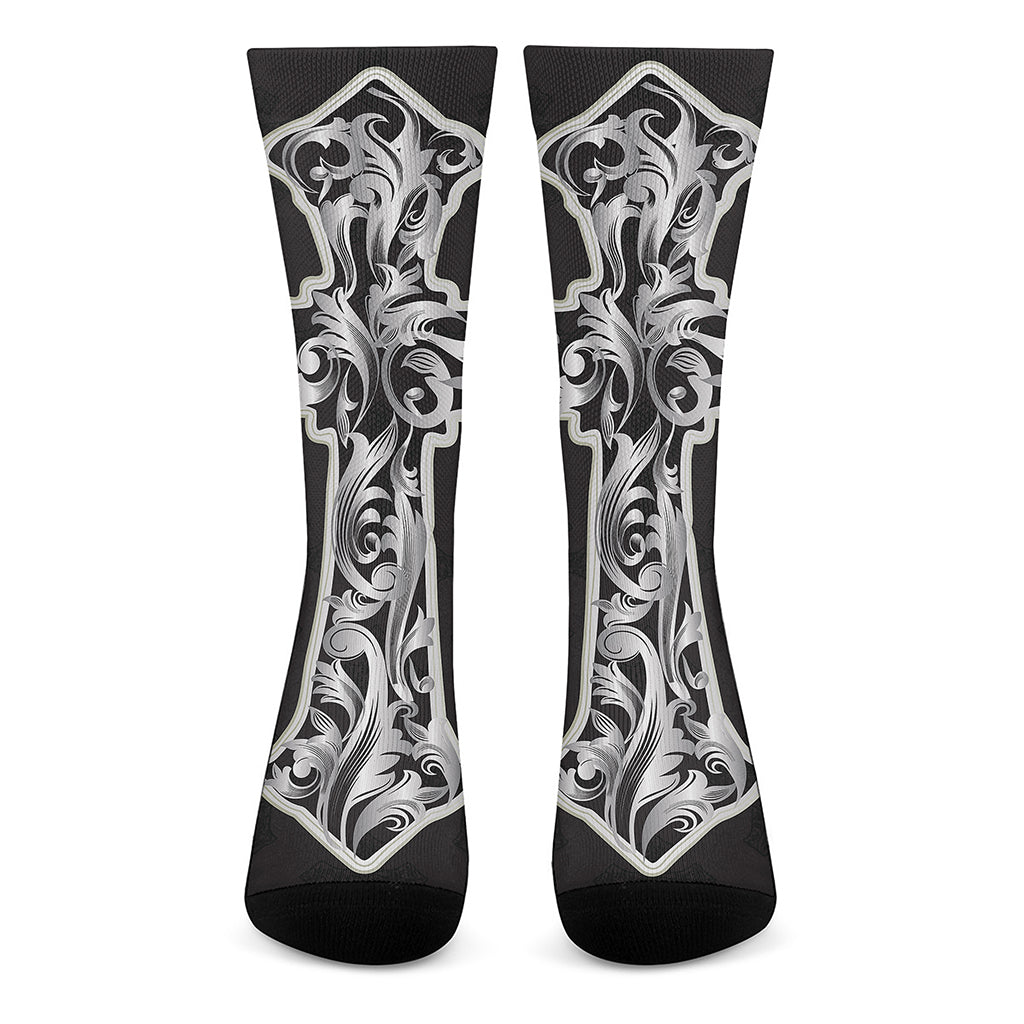 Ornamental Silver Cross Print Crew Socks