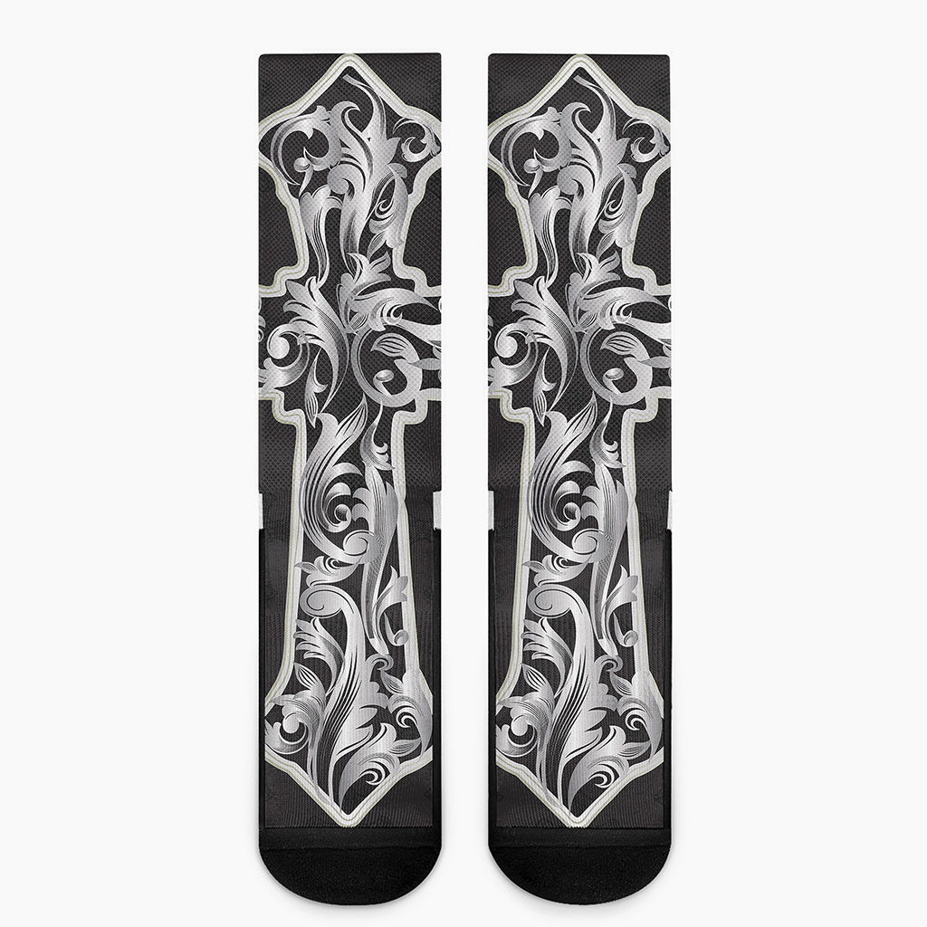 Ornamental Silver Cross Print Crew Socks