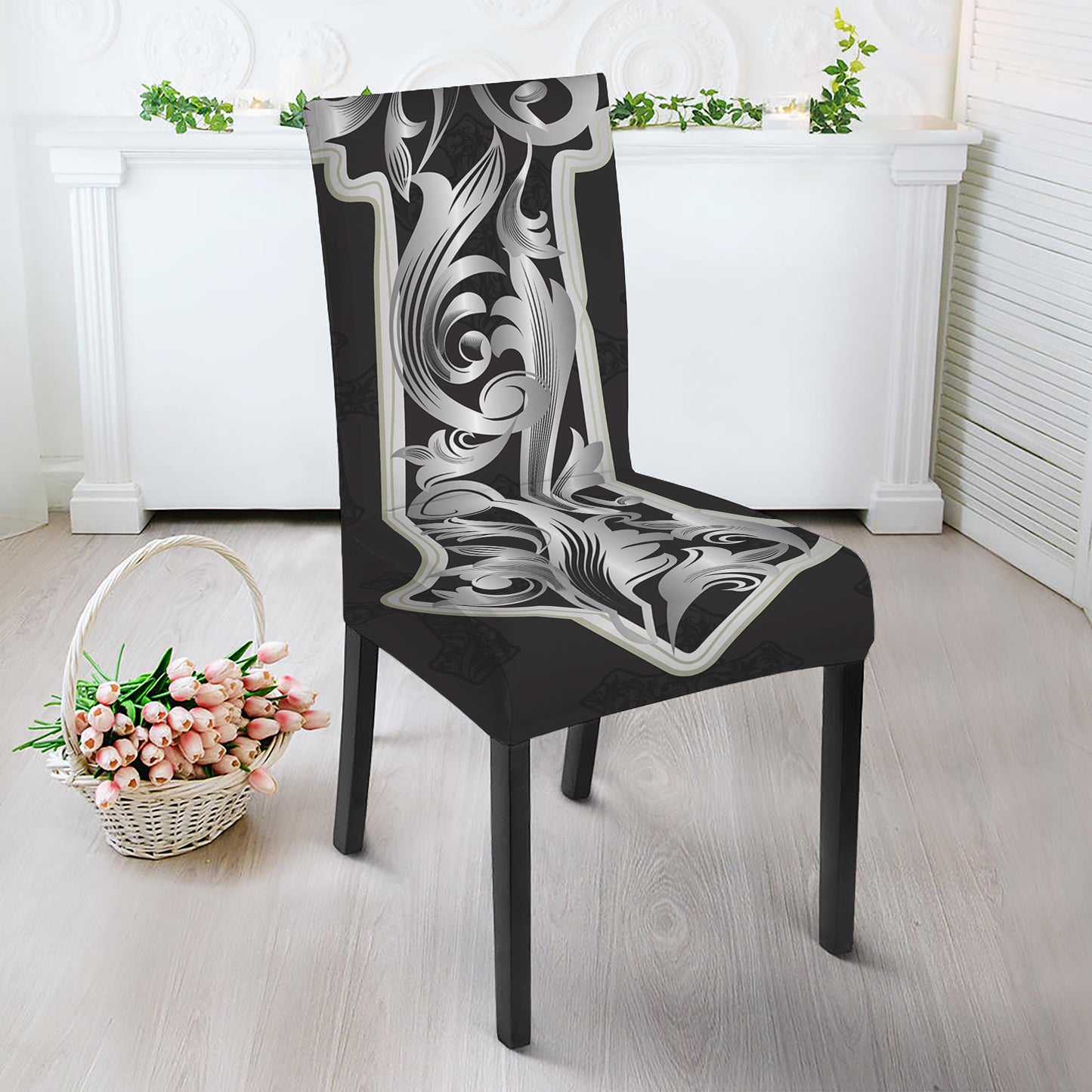 Ornamental Silver Cross Print Dining Chair Slipcover