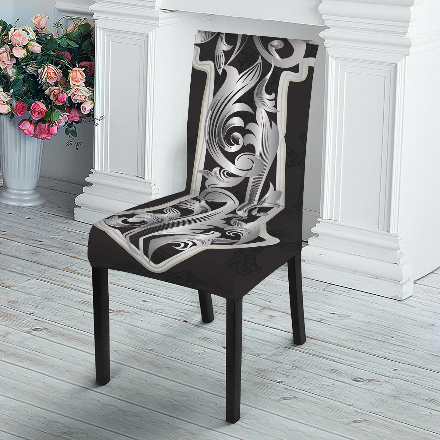 Ornamental Silver Cross Print Dining Chair Slipcover
