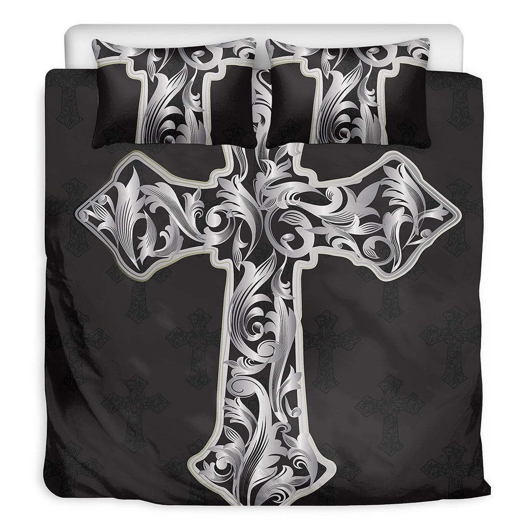 Ornamental Silver Cross Print Duvet Cover Bedding Set