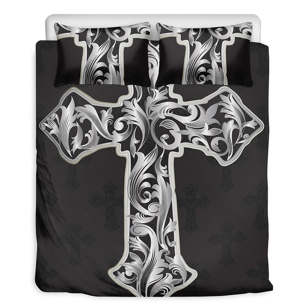 Ornamental Silver Cross Print Duvet Cover Bedding Set