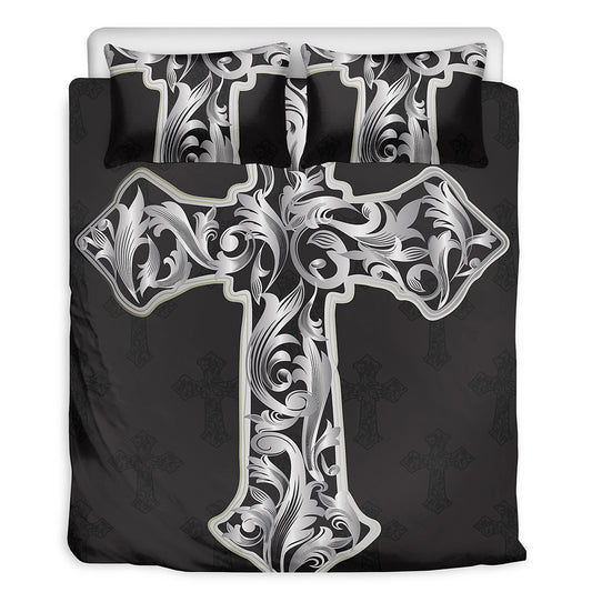 Ornamental Silver Cross Print Duvet Cover Bedding Set