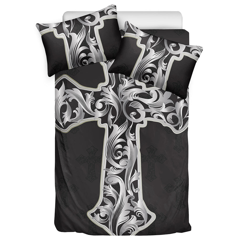Ornamental Silver Cross Print Duvet Cover Bedding Set