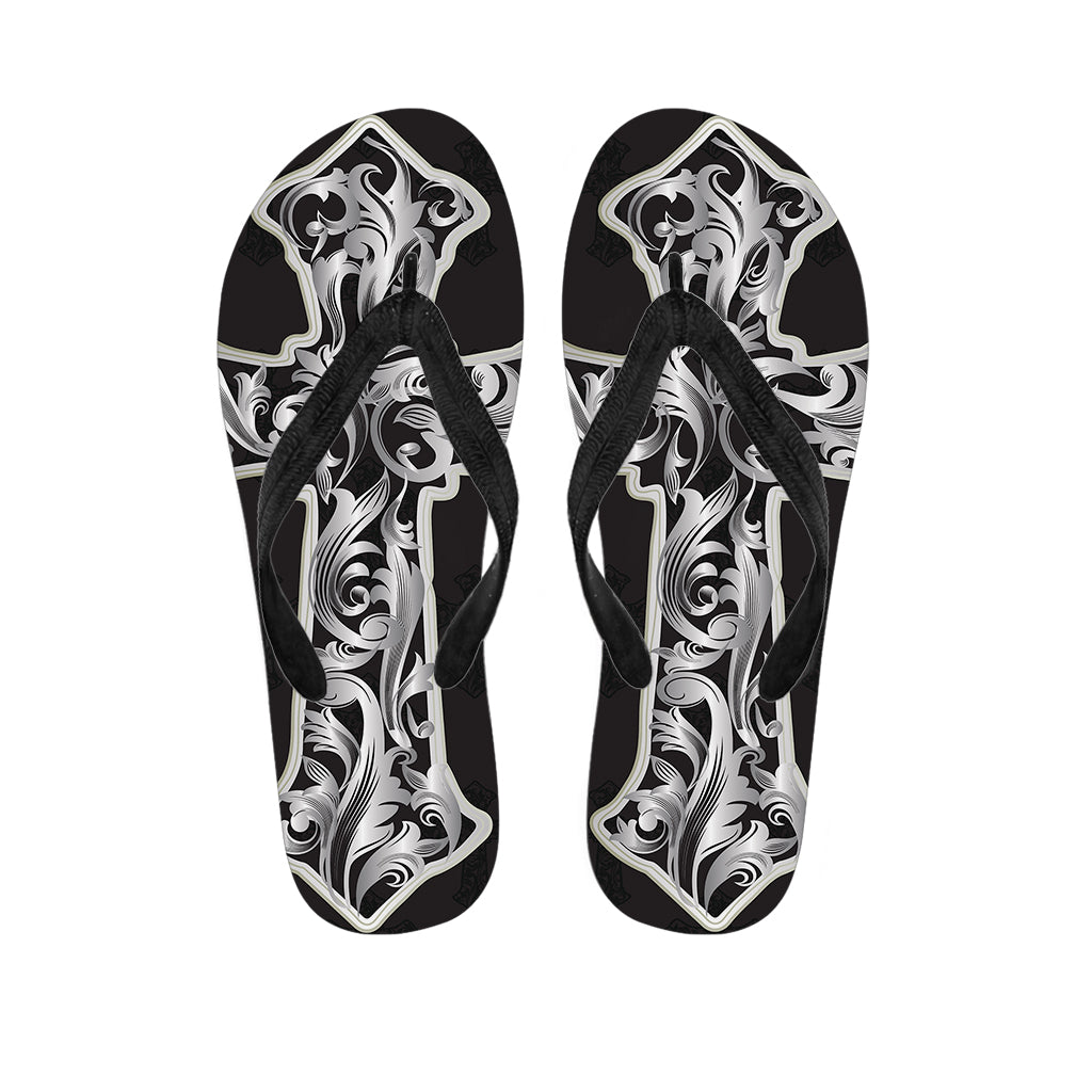 Ornamental Silver Cross Print Flip Flops