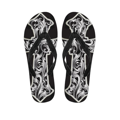 Ornamental Silver Cross Print Flip Flops