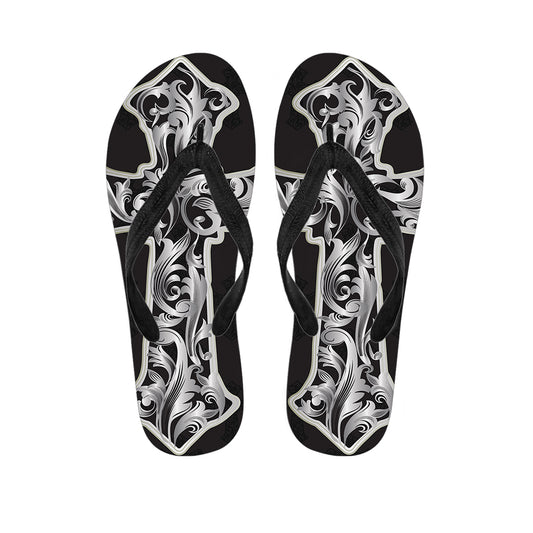 Ornamental Silver Cross Print Flip Flops