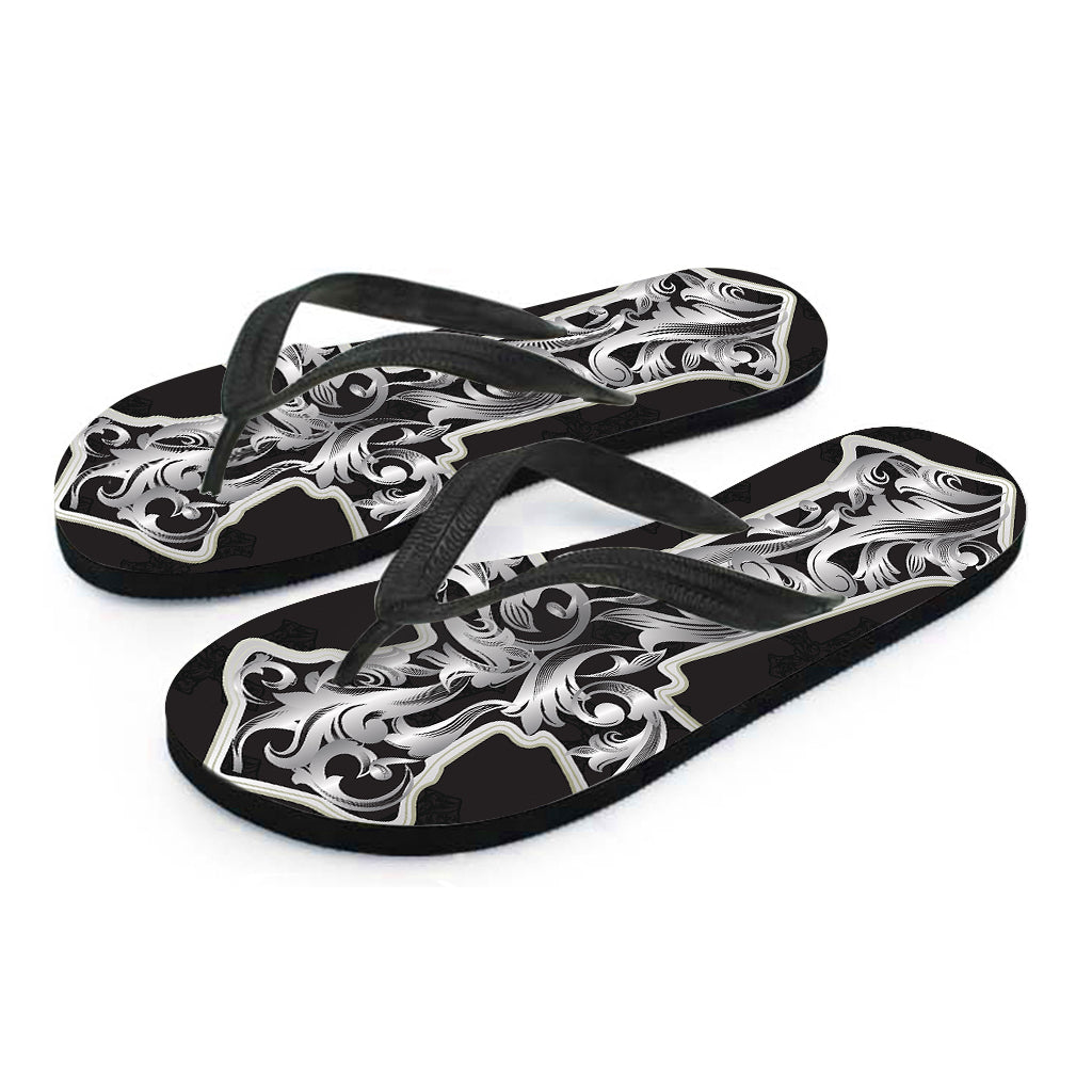 Ornamental Silver Cross Print Flip Flops