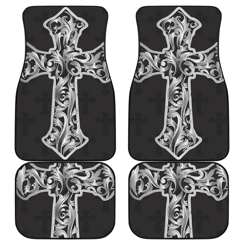 Ornamental Silver Cross Print Front and Back Car Floor Mats