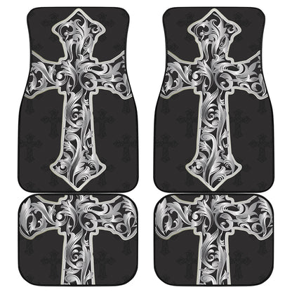Ornamental Silver Cross Print Front and Back Car Floor Mats