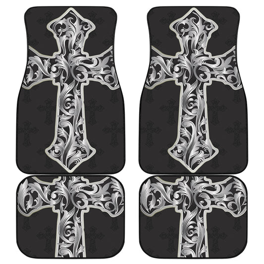 Ornamental Silver Cross Print Front and Back Car Floor Mats