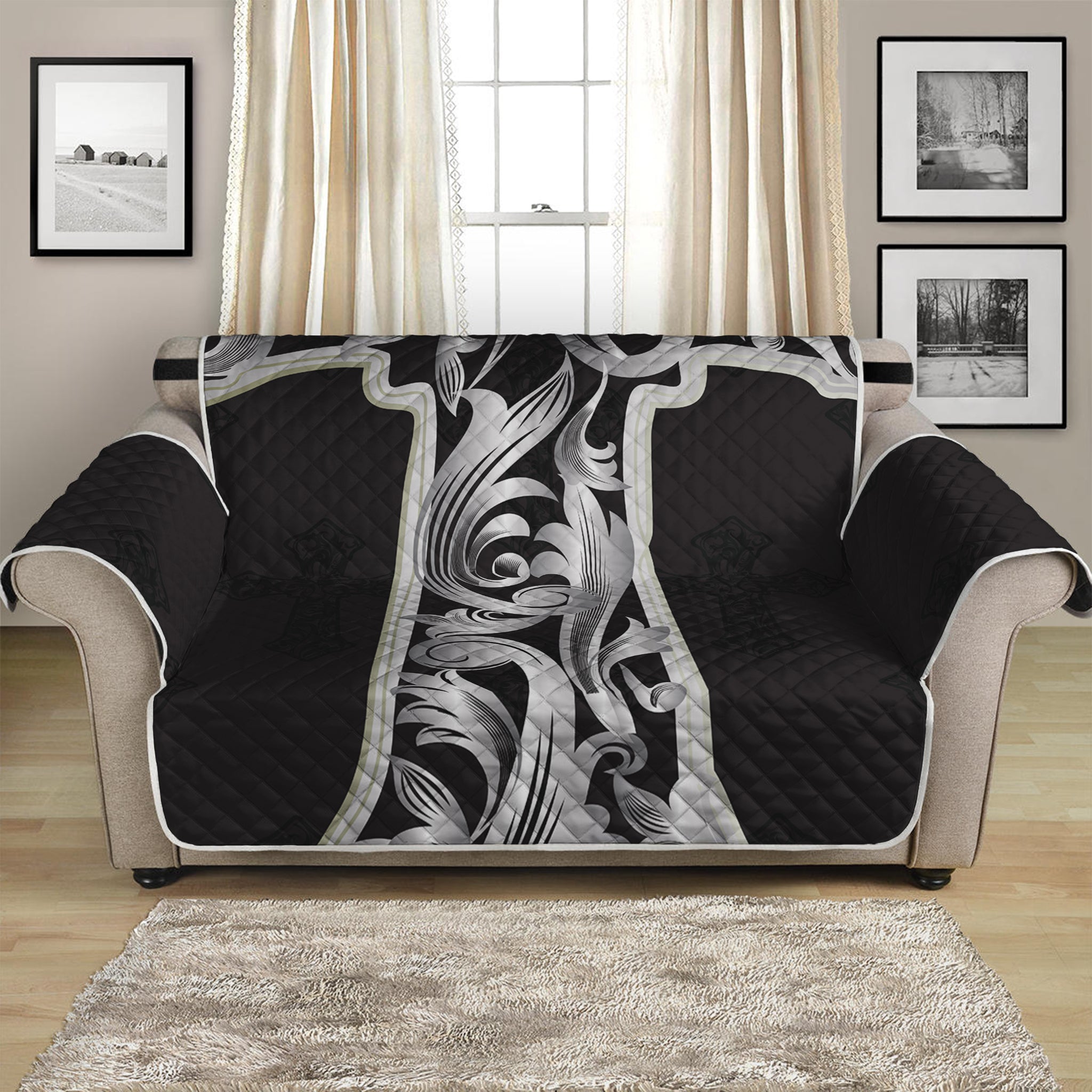 Ornamental Silver Cross Print Loveseat Protector