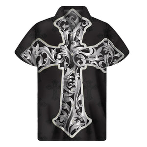 Ornamental Silver Cross Print Men's Short Sleeve Shirt