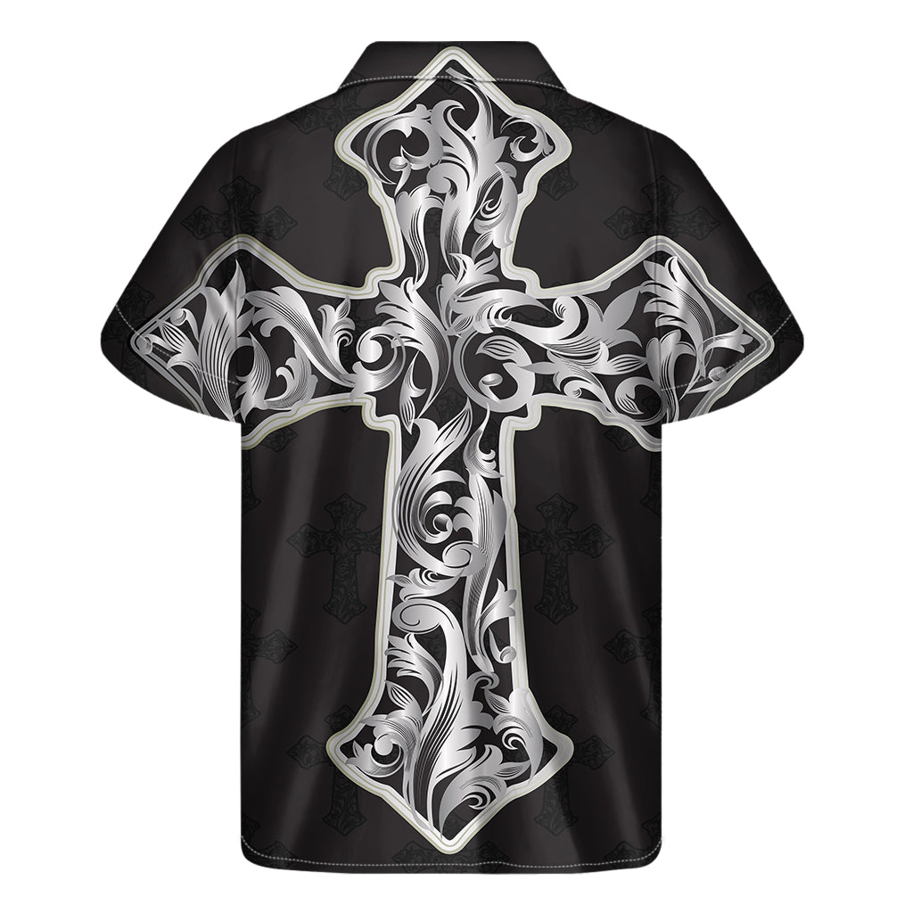 Ornamental Silver Cross Print Men's Short Sleeve Shirt