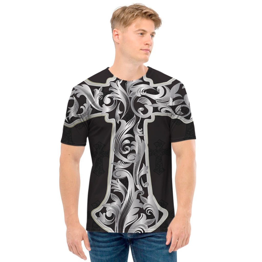 Ornamental Silver Cross Print Men's T-Shirt