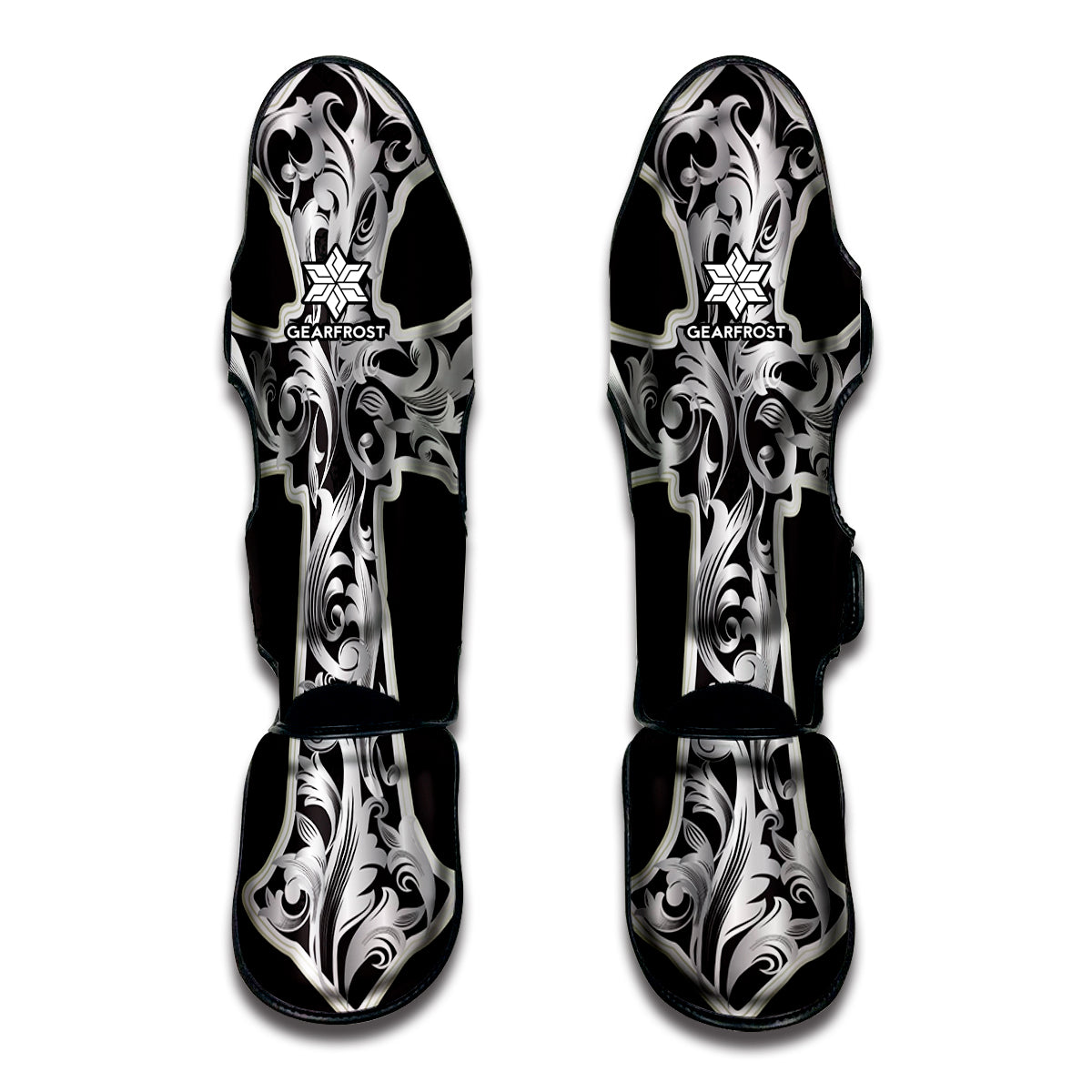 Ornamental Silver Cross Print Muay Thai Shin Guard
